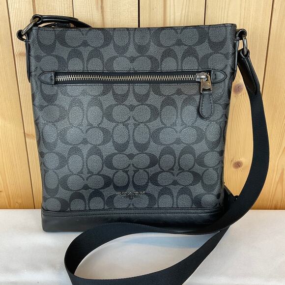 Coach Leather Monogram Crossbody Bag - Black/Gray - Picture 1 of 16